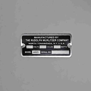 Wurlitzer 4005 Speaker ID Plate